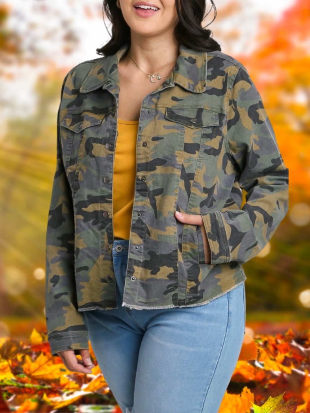 Camo Print Button Down Frayed Hem Jacket